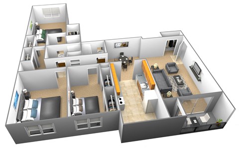 3 bedroom 3 bathroom 3D floor plan at Woodridge Apartments in Randallstown, Maryland